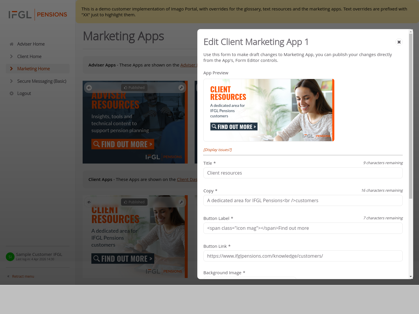 Customer-IFGL > 03 Marketing Dashboard > Edit Marketing Apps